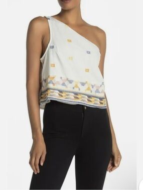 Free People Bali Baby One-Shoulder White Cropped Top with Embroidered Trim